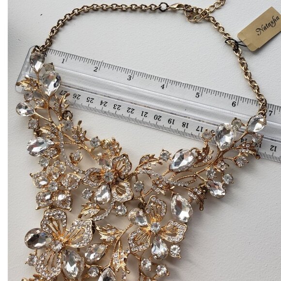 BNWT Statement Necklace Crystal Waterfall Gold Bib necklace, Lead free - Picture 12 of 12